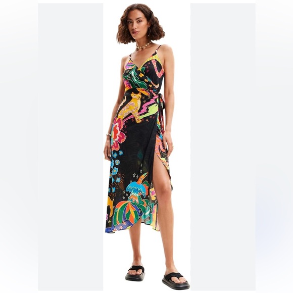 Desigual Jungle design wrap midi dress tiger parrot boho bohemian tropical NWT - Picture 3 of 11